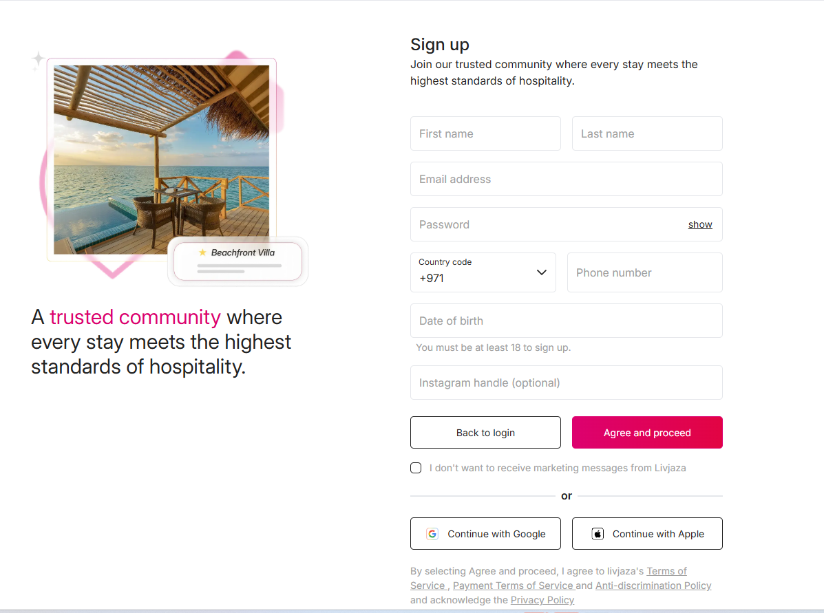 Livjaza sign up page