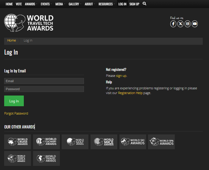 World Travel Tech Awards Log In page