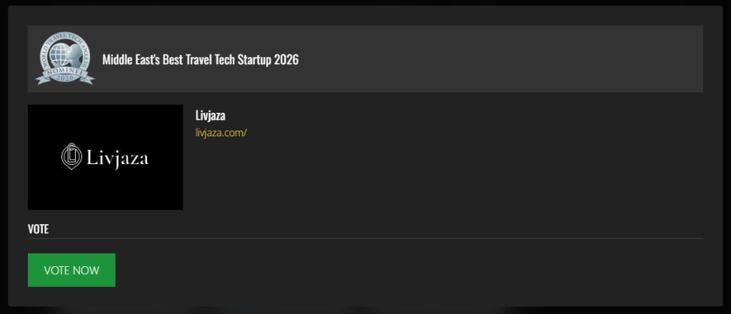 Livjaza Middle East award page with a green VOTE NOW button